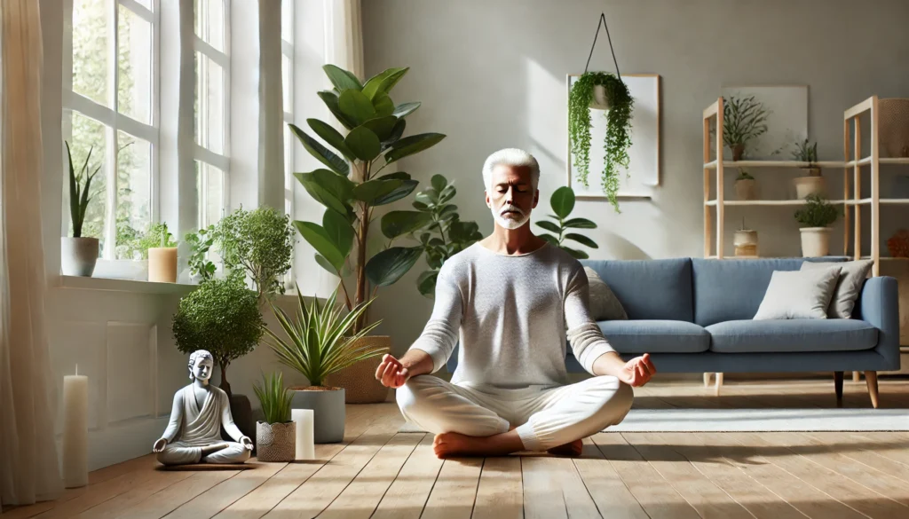 Elderly man meditating peacefully in a bright, plant-filled living room, reflecting stress reduction and its positive impact on blood pressure.