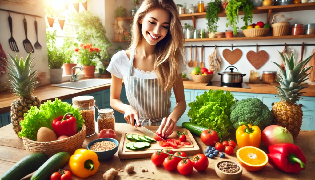 Young woman preparing a colorful, heart-healthy meal in a modern kitchen filled with fresh vegetables and whole foods.
