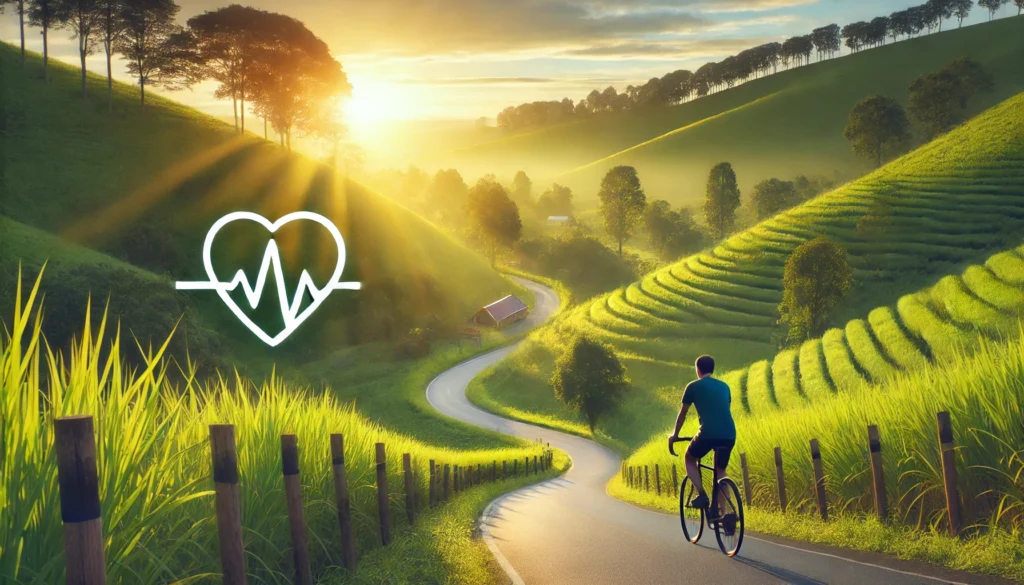Solo cyclist riding along a winding rural road at sunrise, representing the cardiovascular benefits of physical activity and a healthier lifestyle.