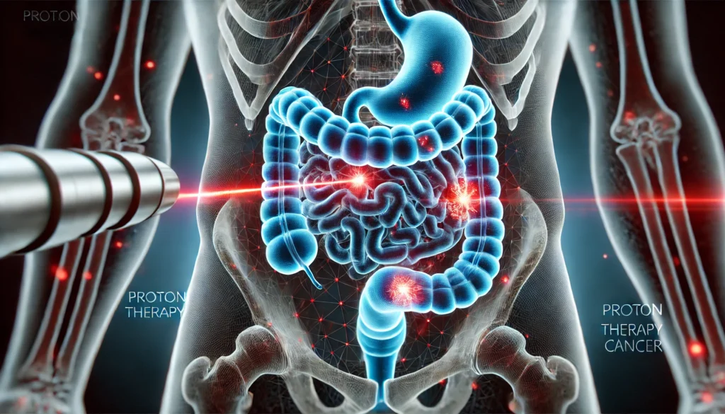 A high-tech visualization of a proton beam targeting a transparent digital colon inside a human body, highlighting precision in destroying cancer cells with advanced radiation therapy.