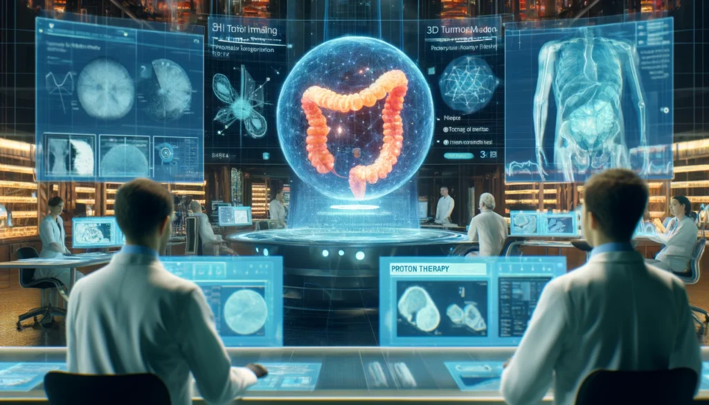 A futuristic research lab at the University of Pennsylvania where scientists analyze 3D colon imaging on holographic displays, representing innovation in proton therapy planning and cancer research.