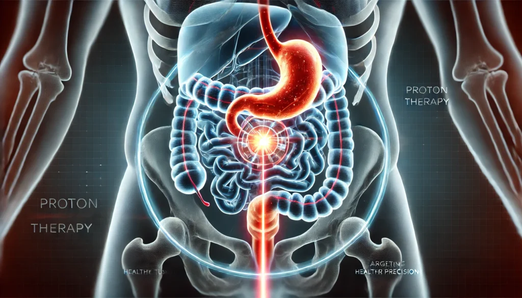 A futuristic cross-sectional view of the human abdomen showing proton therapy beams precisely targeting a tumor in the colon, while sparing nearby organs using advanced precision technology.