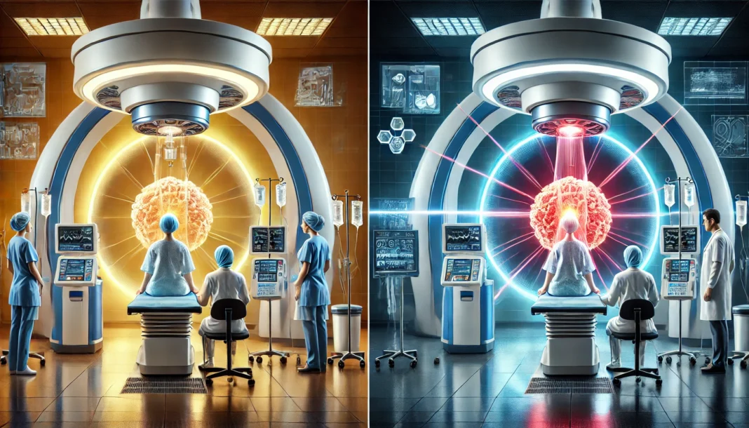 A split-screen medical visualization showing a patient receiving intravenous chemotherapy on the left and another undergoing radiation therapy in a high-tech treatment machine on the right, highlighting differences in cancer treatment approaches.