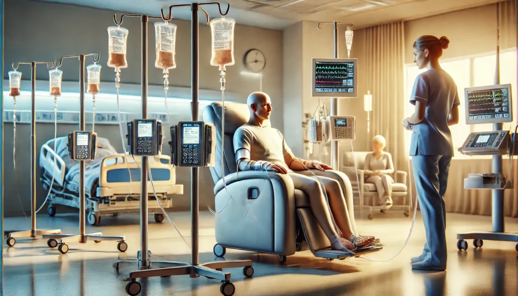 A realistic hospital scene of a cancer patient receiving chemotherapy through IV infusion, surrounded by medical equipment and a nurse in a comfortable clinical setting.