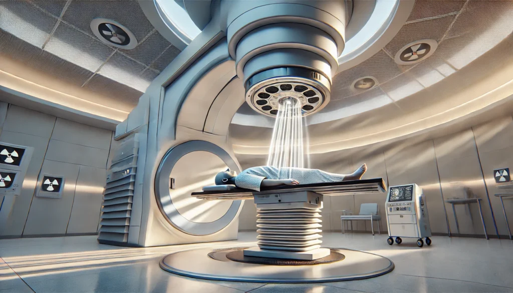 A patient lying on a treatment table inside a modern radiation therapy room with a linear accelerator targeting a tumor with precise light beams, symbolizing targeted radiation treatment.