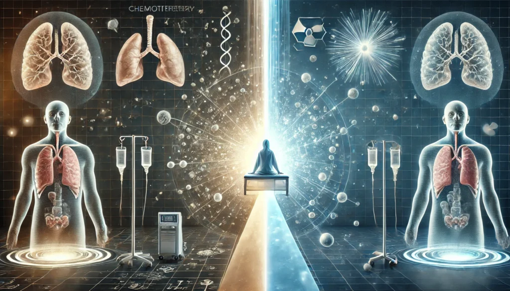 A conceptual medical scene depicting two diverging paths—one showing chemotherapy with molecular visuals and IV drips, the other illustrating radiation therapy with a focused beam and futuristic imagery.