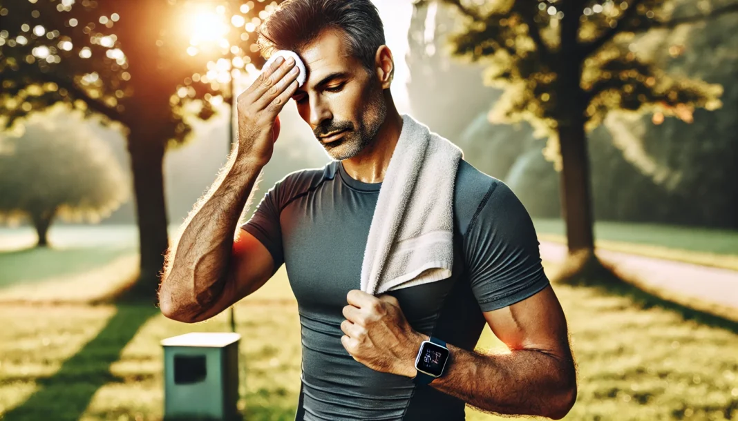Middle-aged man cooling down after a jog in a sunlit park, wiping sweat from his forehead, with a smartwatch showing a low heart rate—symbolizing post-exercise blood pressure drop and heart health.