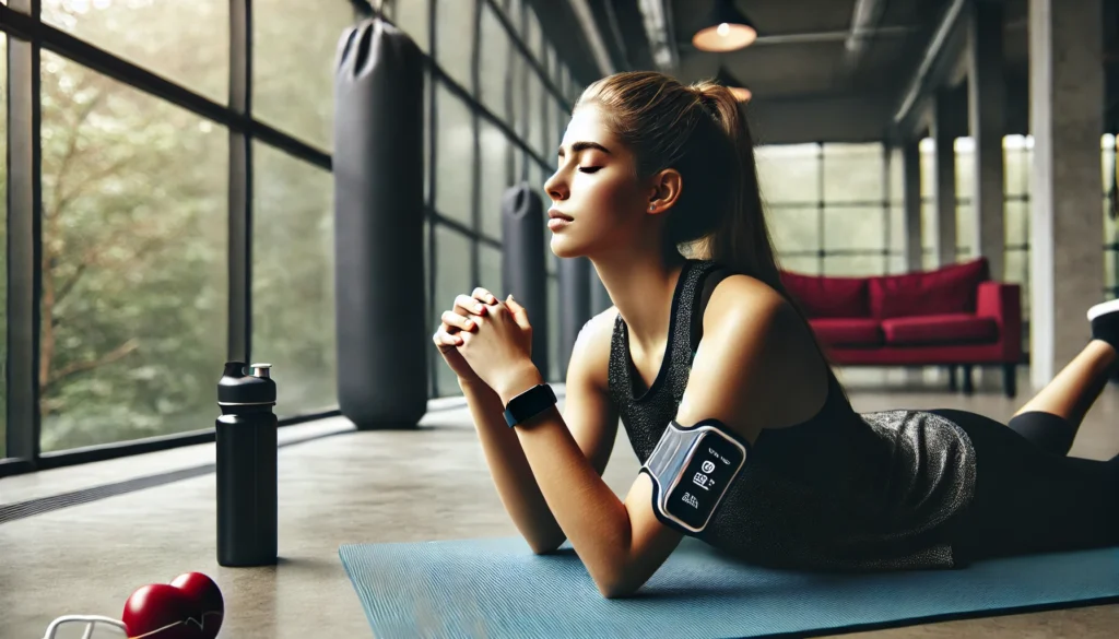 Young woman resting peacefully on a yoga mat after an intense indoor workout, surrounded by natural light, illustrating lowered blood pressure and cardiovascular recovery.