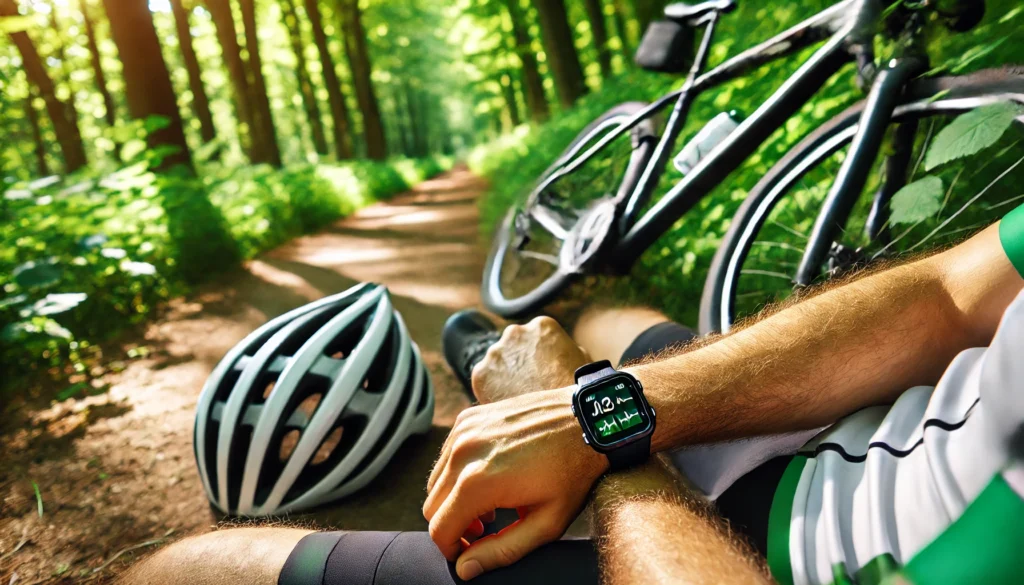 Cyclist resting beside a quiet forest trail after a long ride, with smartwatch data indicating reduced blood pressure—representing heart health and post-exercise recovery.