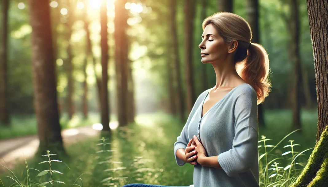 A calm middle-aged woman practices deep breathing in a sunlit forest, representing natural methods to lower blood pressure through relaxation in nature.