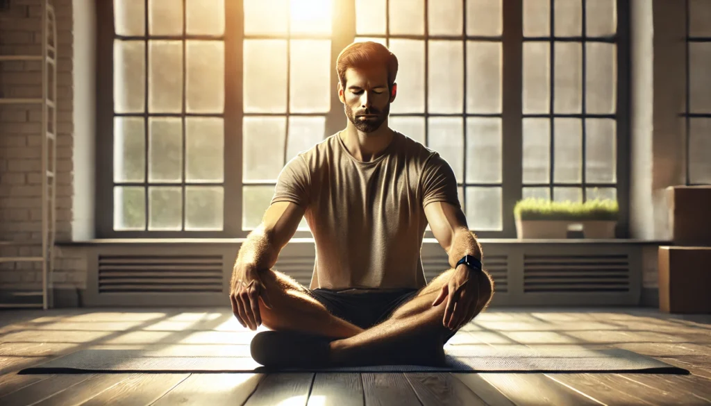 A man in his 40s sits cross-legged on a yoga mat in a bright indoor space, focused on mindful breathing to support heart health and reduce hypertension.