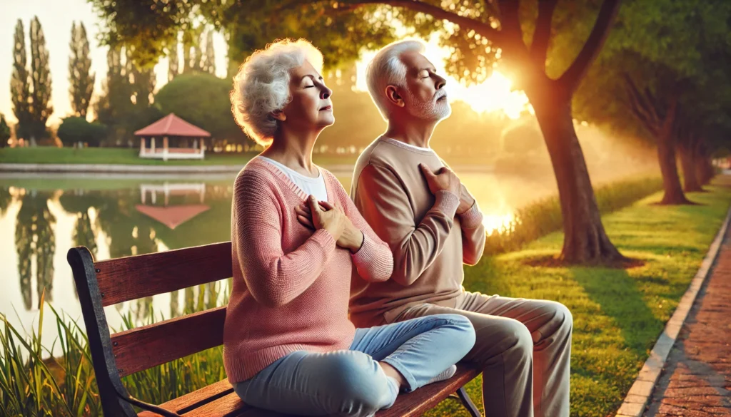 An elderly couple performs synchronized breathing exercises on a bench in a peaceful park at sunrise, illustrating the link between breath control and cardiovascular wellness