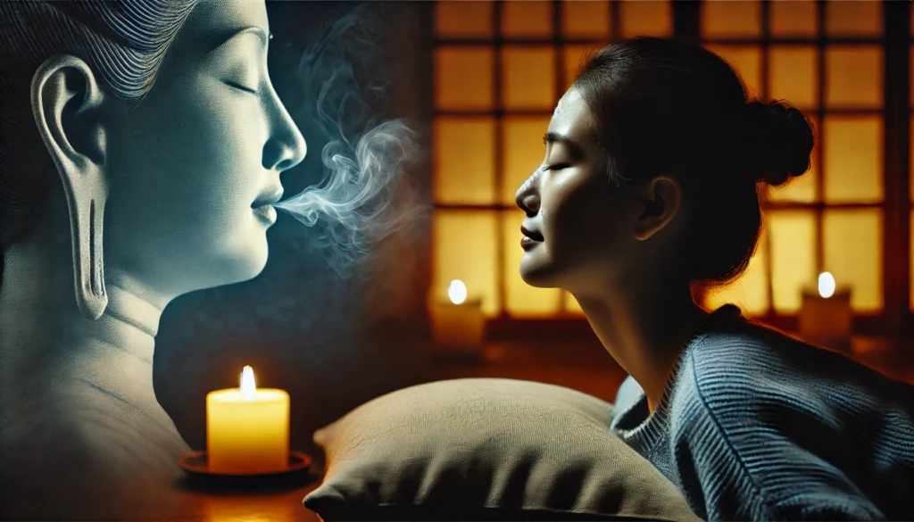 A young woman lies on a meditation cushion in a dim, candle-lit room, peacefully practicing slow breathing to promote relaxation and lower blood pressure through nervous system regulation.