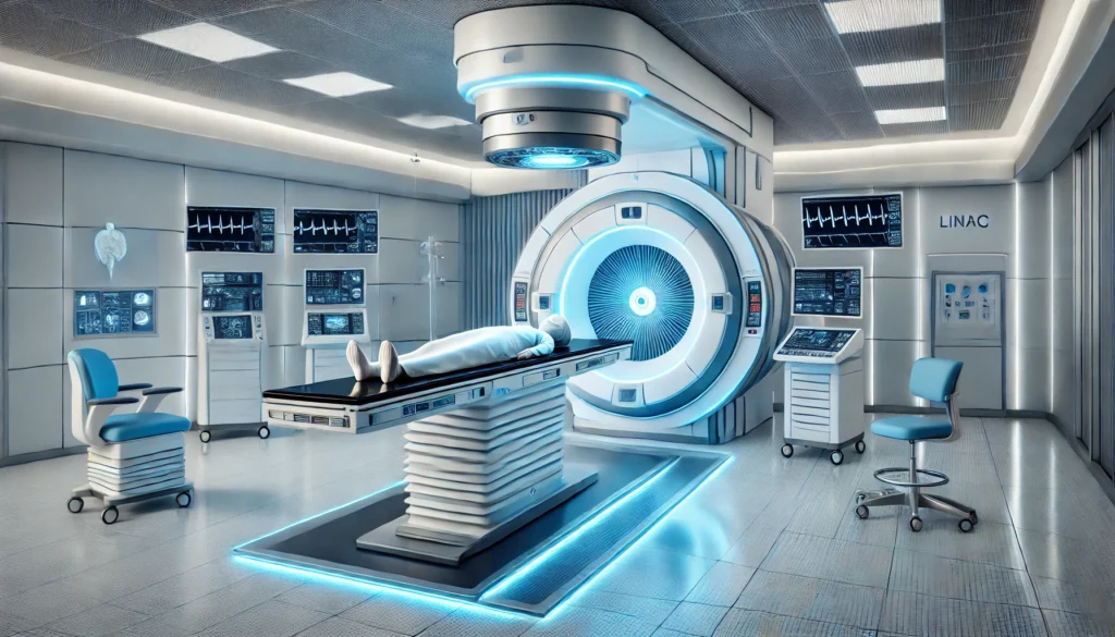 Futuristic hospital radiation therapy room featuring a linear accelerator (LINAC) machine emitting a focused blue beam toward a patient on a high-tech treatment table, surrounded by sleek equipment and ambient lighting.