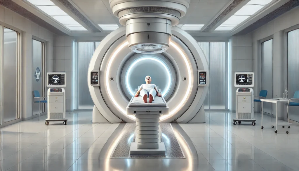 Patient receiving proton beam therapy inside a modern treatment suite, surrounded by a large circular gantry emitting targeted radiation in a clean, softly lit room with advanced oncology equipment.