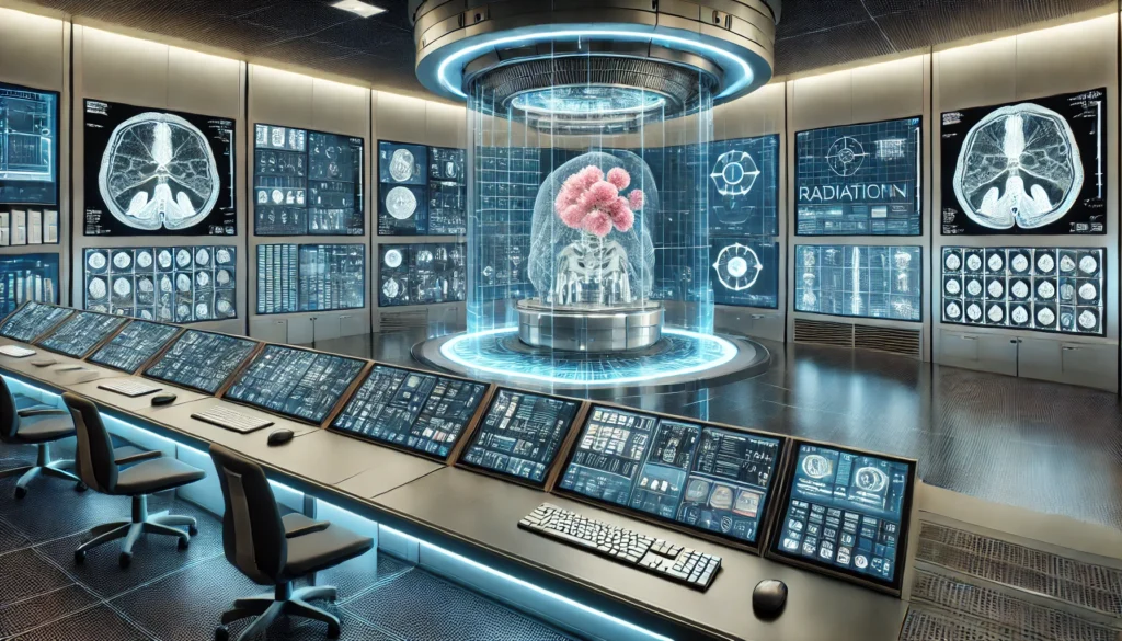 Futuristic radiation oncology control room with clinicians monitoring cancer treatment via multiple high-resolution screens showing 3D imaging and beam targeting, showcasing cutting-edge precision systems.