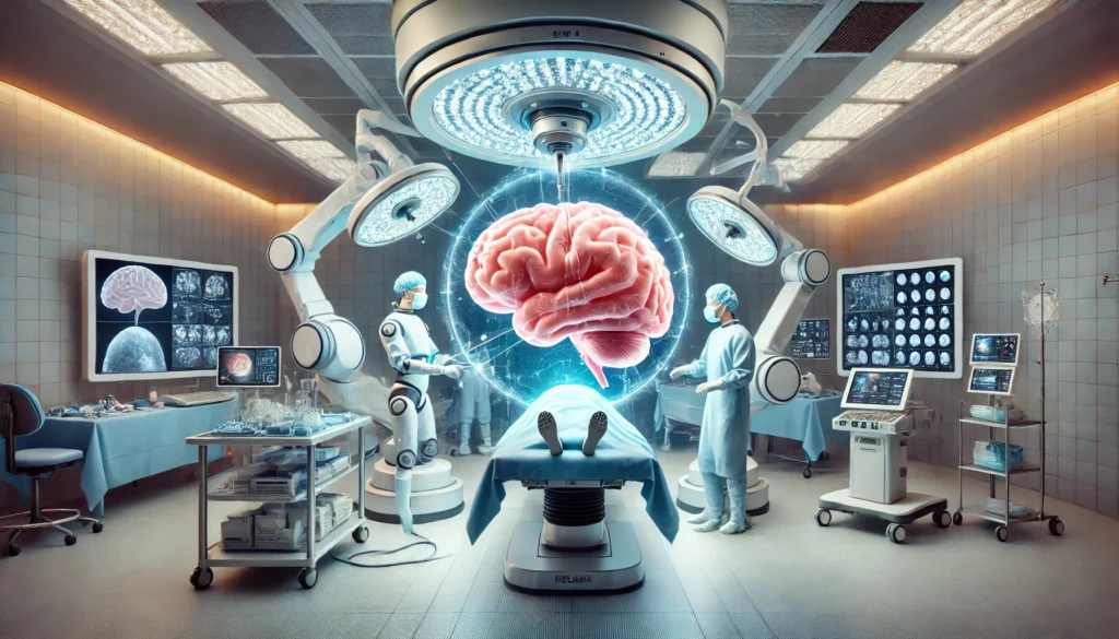 Advanced surgical room where doctors use robotic arms and holographic imaging to perform precision brain tumor surgery, illustrating innovation in neurosurgical treatment.