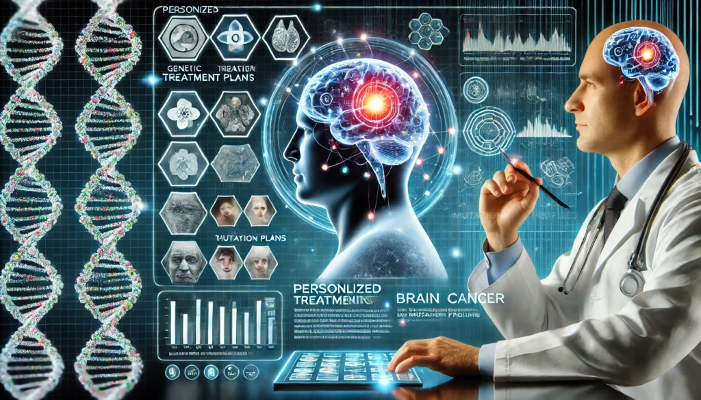 AI-driven personalized brain cancer treatment scene with a virtual interface displaying genetic data and tailored therapies, highlighting the role of technology in precision oncology.