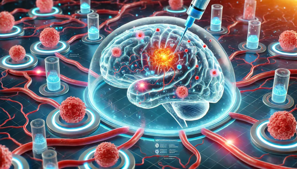 Immersive 3D visualization of a human brain showing glowing tumor regions and microscopic drug delivery agents traveling through blood vessels, symbolizing cutting-edge precision targeting in brain cancer treatment.