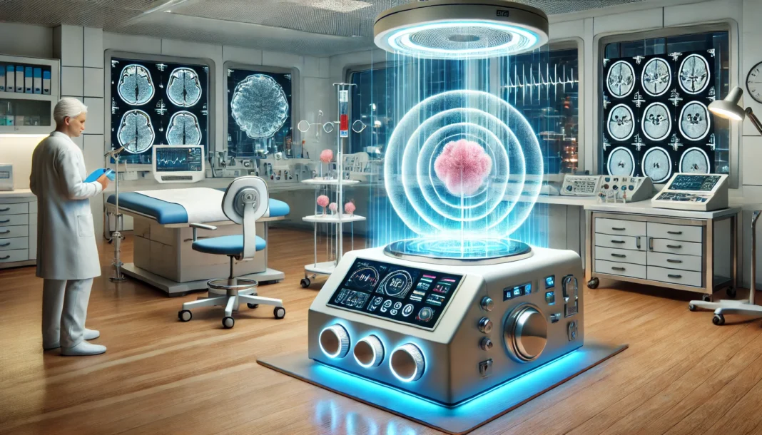 A modern clinical room featuring a glowing Rife machine with researchers observing its frequency output, symbolizing advanced cancer treatment technologies in development.
