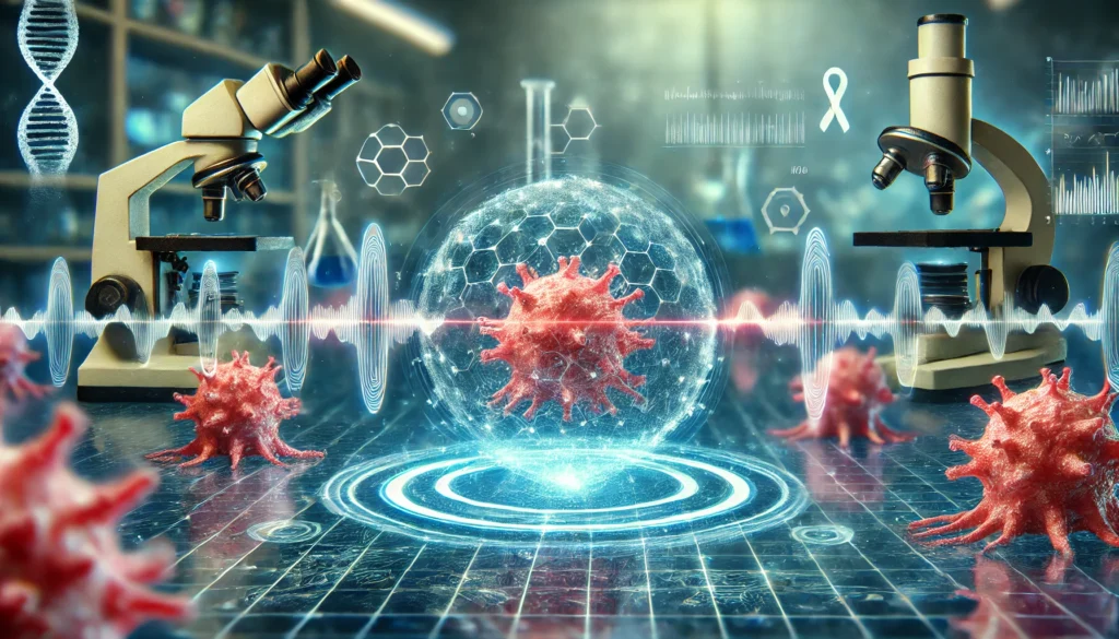 A conceptual digital visualization of cancer cells being impacted by frequency waves, highlighting theoretical mechanisms behind Rife machine therapy in a lab-like environment.