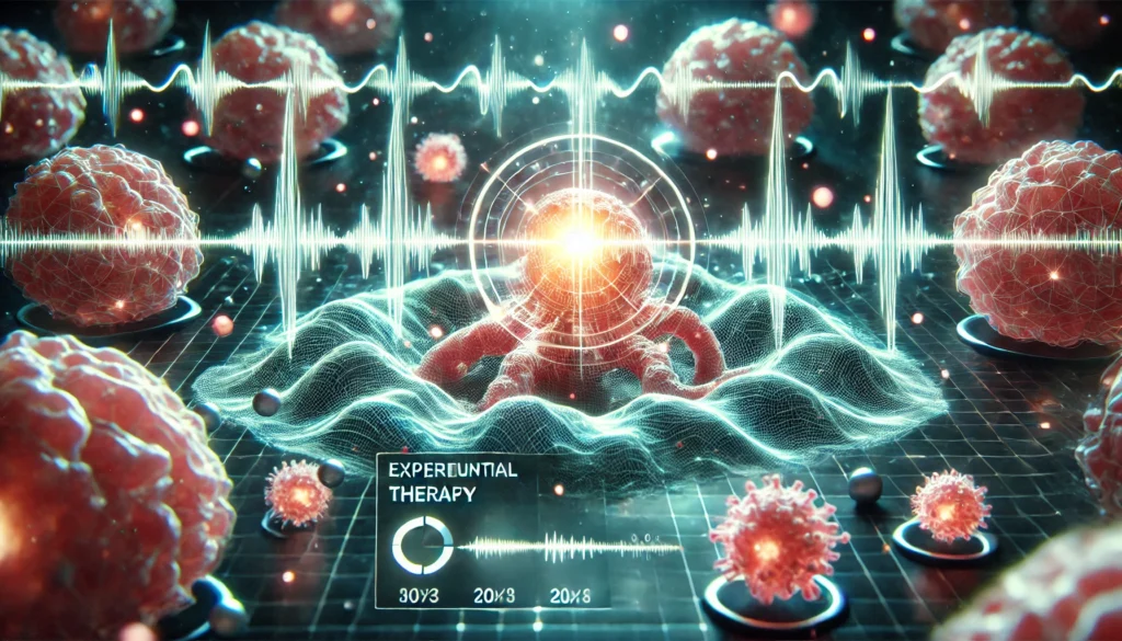 Abstract digital representation of glowing frequency waves interacting with human tissue structures, symbolizing the theoretical mechanism of Rife machine cancer therapy.