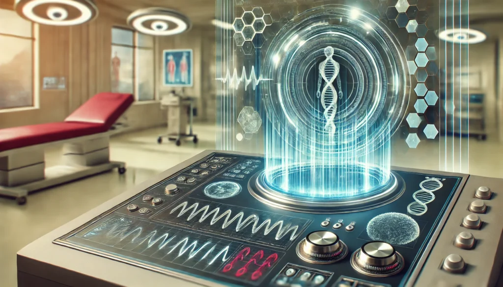 Close-up artistic view of a futuristic Rife machine interface with illuminated wave patterns and digital biological visuals in a sleek clinical environment.