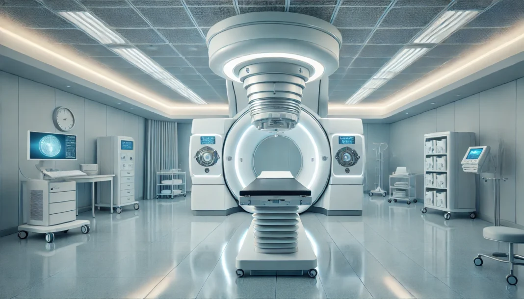High-tech proton therapy treatment room featuring a large gantry machine and a patient bed, symbolizing cutting-edge care for prostate cancer.
