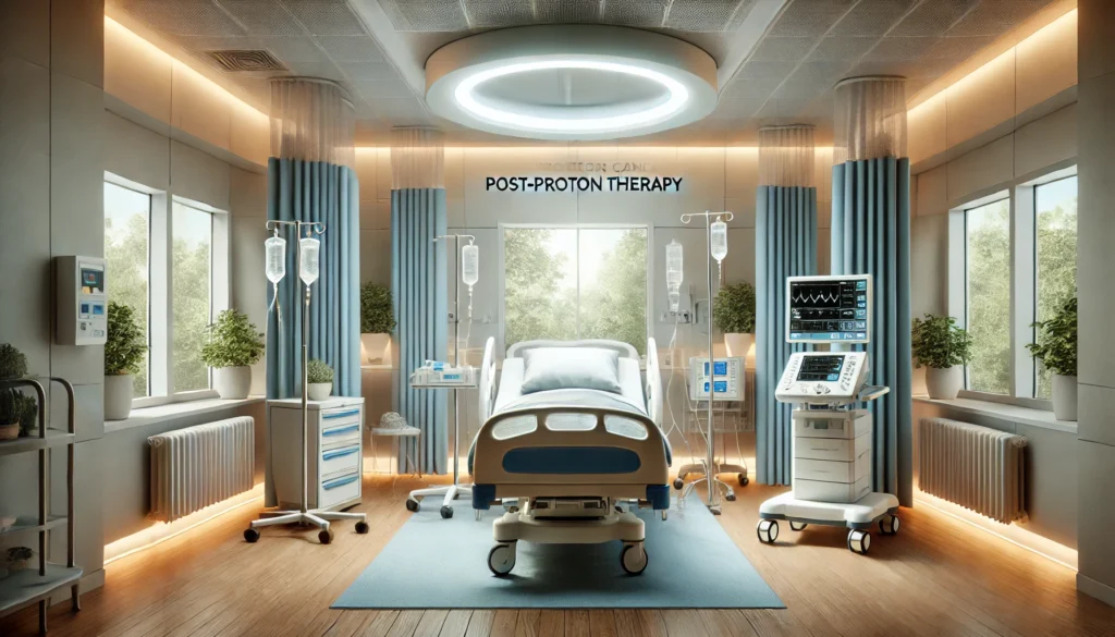 Peaceful hospital recovery room with soft lighting and medical equipment, visually representing the healing environment after proton therapy for prostate cancer.