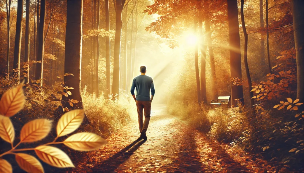Serene outdoor forest path in autumn with a man walking, representing physical recovery and improved quality of life after prostate cancer treatment.