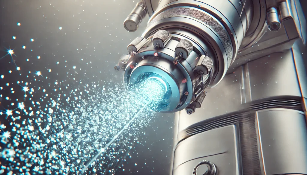 Close-up of a futuristic proton beam nozzle emitting focused particles, showcasing the precision technology used in proton therapy for prostate cancer.