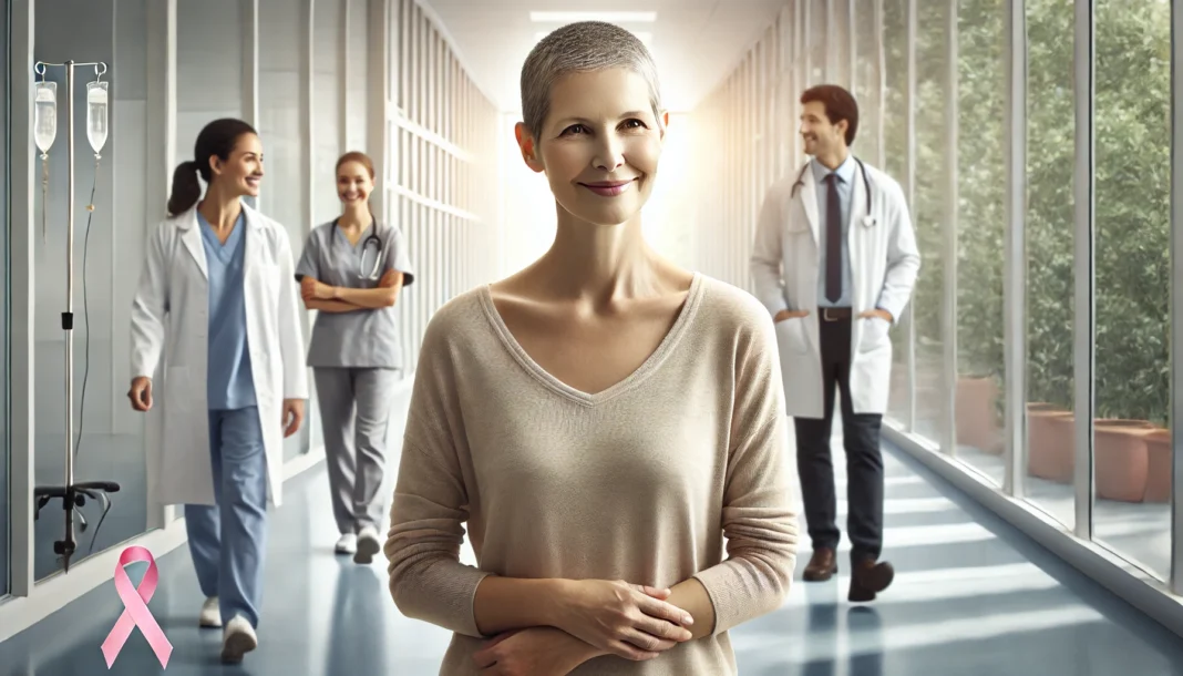 Cancer survivor walking confidently through a sunlit hospital corridor with smiling doctors in the background, symbolizing hope and medical advancement in cancer treatment.