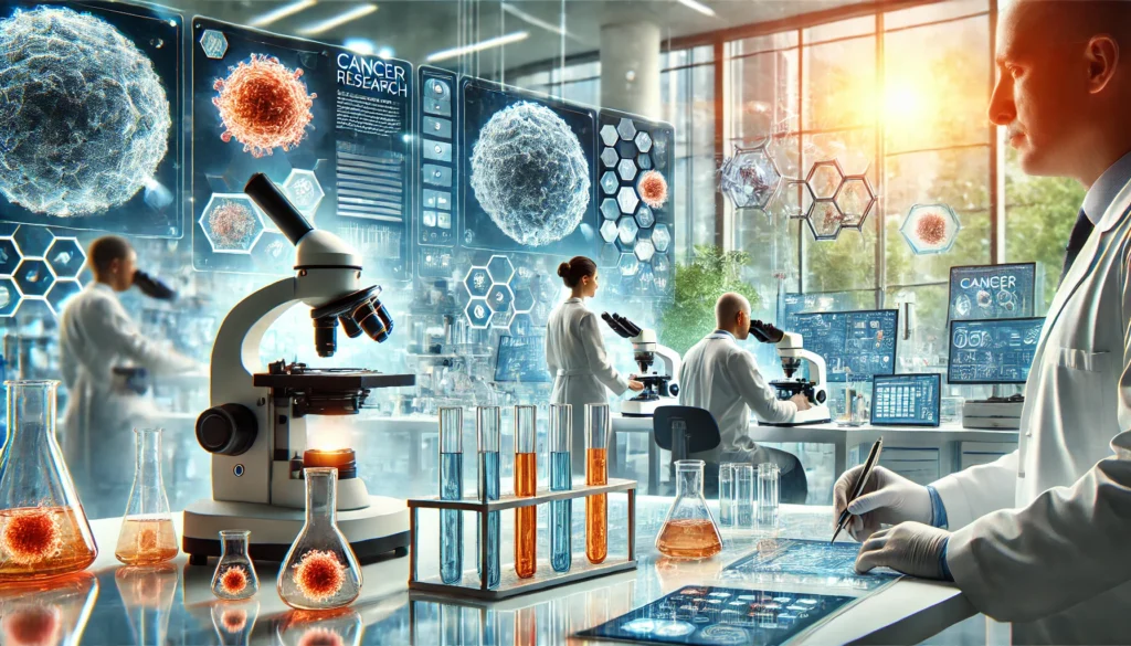 Scientists working in a bright, modern cancer research lab with advanced microscopes and digital cancer cell displays, representing cutting-edge discoveries improving cancer survival rates.