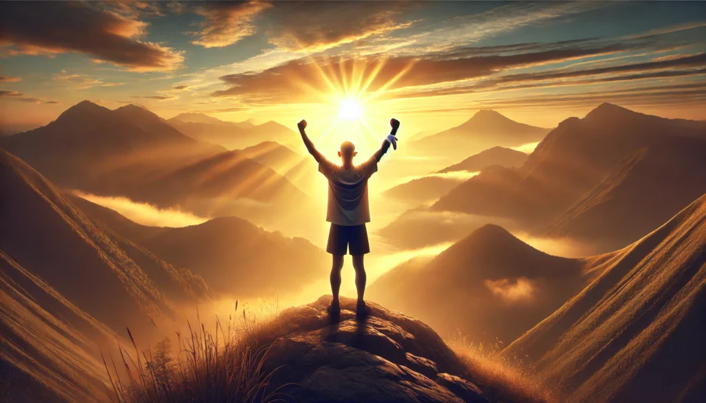 Cancer survivor standing on a mountain peak at sunrise, arms raised in victory, capturing the emotional power of overcoming cancer and embracing life after treatment.