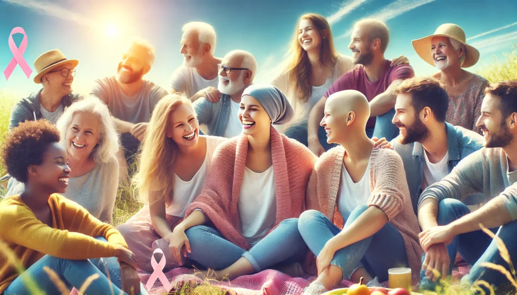 Diverse cancer survivors enjoying a joyful picnic on a grassy hill under a blue sky, symbolizing post-treatment healing, community support, and emotional recovery.