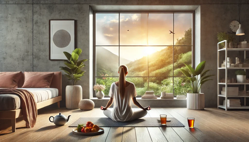 Person meditating in a peaceful, minimalist living room with sunlight streaming in and a bowl of fruit and herbal tea nearby, visually representing mindfulness and balanced living supported by the 5:2 fasting lifestyle.