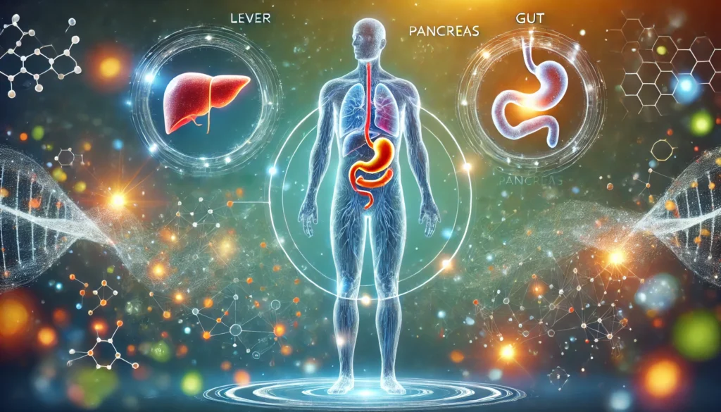 Stylized human figure with glowing internal organs like liver and pancreas, surrounded by abstract energy patterns, symbolizing improved metabolic function and fat-burning benefits of intermittent fasting.