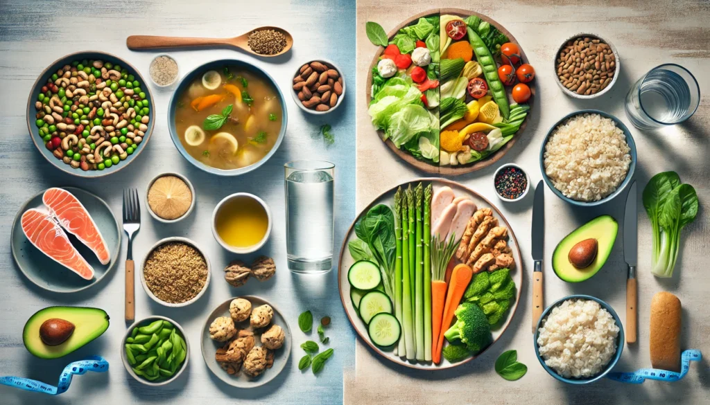 Split-image showing a light fasting day meal with soup and vegetables on one side and a nutritious full meal on the other, visually illustrating the 5:2 intermittent fasting cycle and its sustainable approach to weight loss.