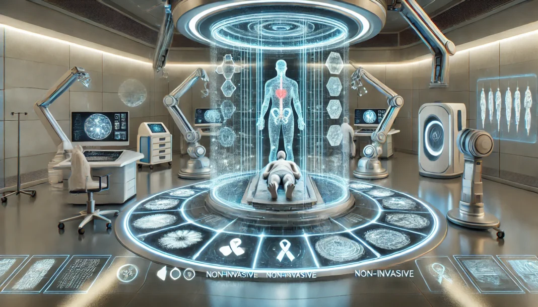 Futuristic cancer treatment room with robotic arms and holographic medical displays showing multiple cancer types, where a patient undergoes non-invasive systemic therapy.