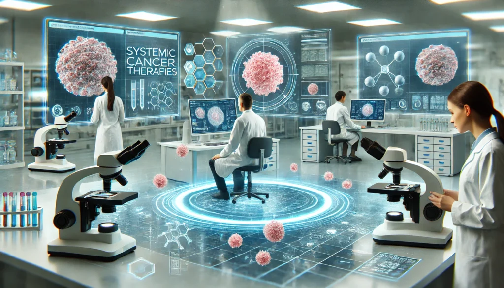 High-tech cancer research laboratory featuring scientists analyzing 3D cancer cell models and molecular data on glowing digital monitors in a clean, modern environment.