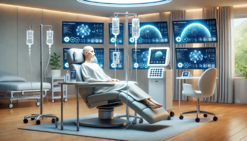 Cancer patient receiving personalized systemic therapy in a serene clinical setting, surrounded by advanced infusion systems and real-time digital monitors showing therapy adjustments.