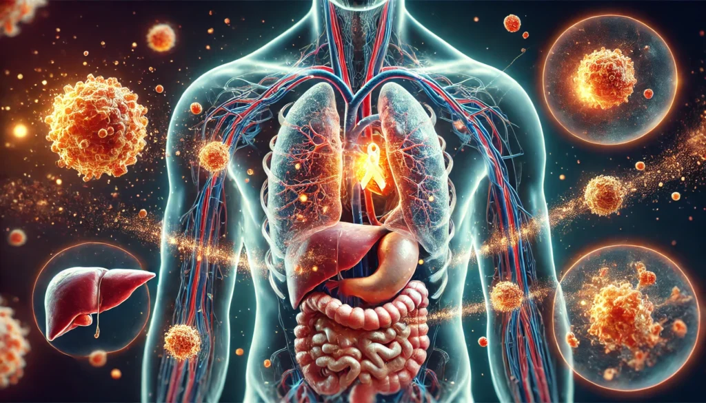 Futuristic depiction of systemic cancer therapy inside the human body, showing glowing particles targeting and destroying cancer cells in organs like the lungs and liver, within a semi-transparent anatomical view.