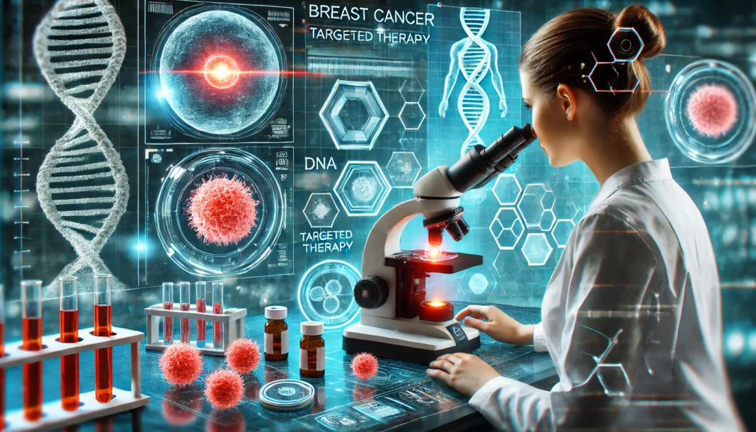 Female scientist in a futuristic lab analyzing breast cancer cells under a digital microscope, with high-tech screens displaying DNA strands and targeted therapy data—representing cutting-edge precision medicine research.