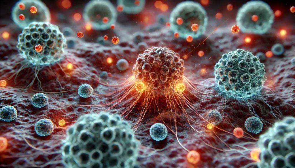 3D-rendered visualization of breast cancer cells being targeted by glowing nano-drugs, showing antibodies binding specifically to cancer cells while sparing healthy tissue—symbolizing the accuracy of targeted therapy.