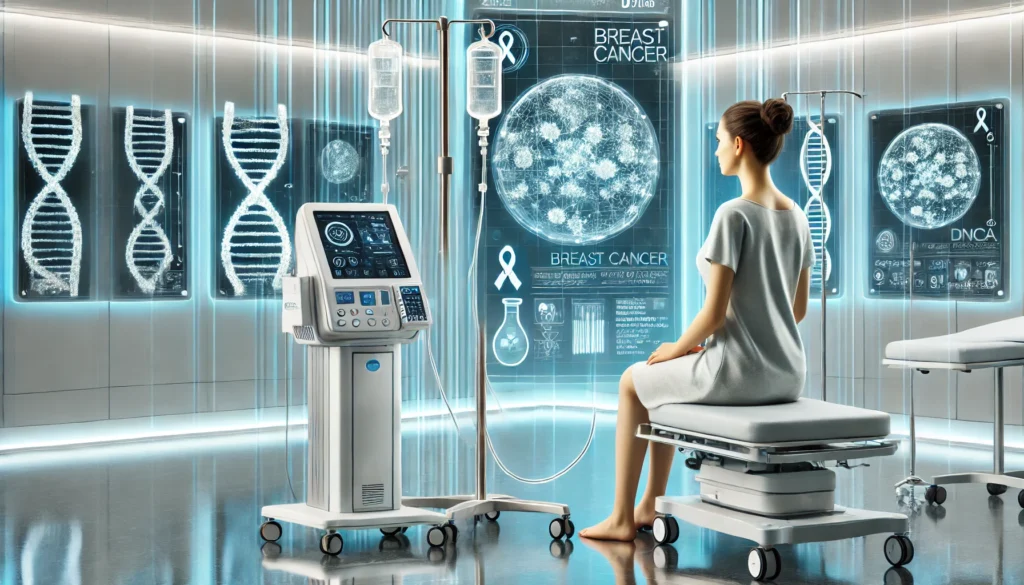 Woman receiving precision-targeted therapy for breast cancer in a futuristic hospital suite, with digital infusion equipment and holographic DNA profiles—illustrating personalized cancer treatment through advanced technology.