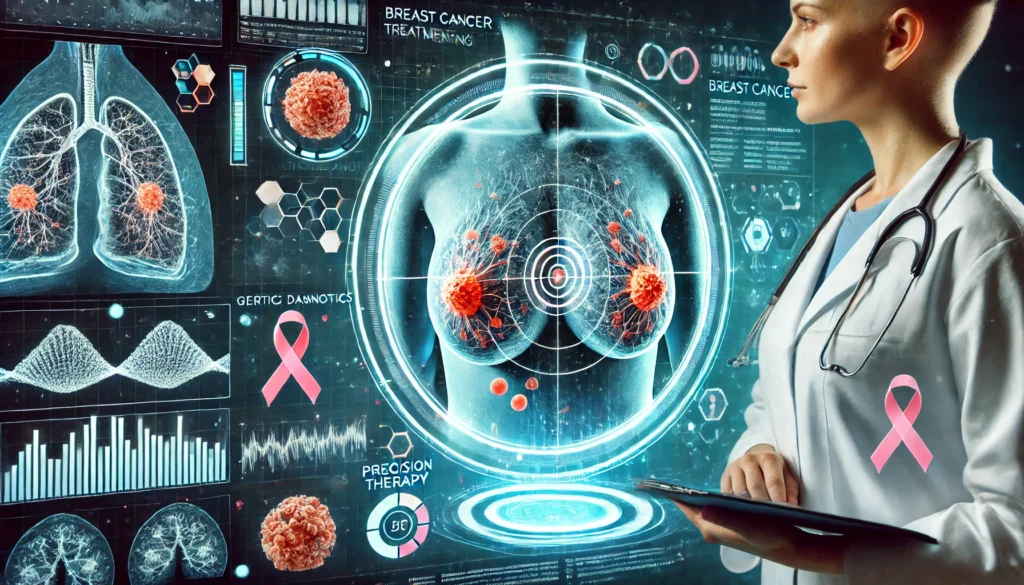 Doctor and AI-powered holographic assistant planning breast cancer therapy using a 3D model of breast tissue, with floating genetic markers and analytics—depicting the integration of artificial intelligence in precision oncology.