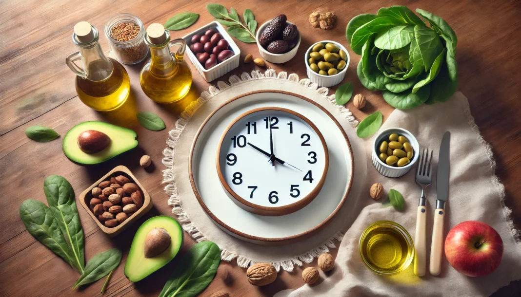 Clock on an empty plate surrounded by healthy, cholesterol-lowering foods like avocado, nuts, leafy greens, and olive oil, symbolizing time-restricted eating.
