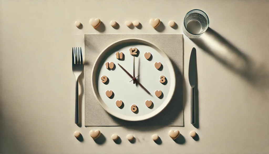 Minimalist image of an empty plate with a clock in the center, symbolizing time-restricted eating and fasting on a neutral background.