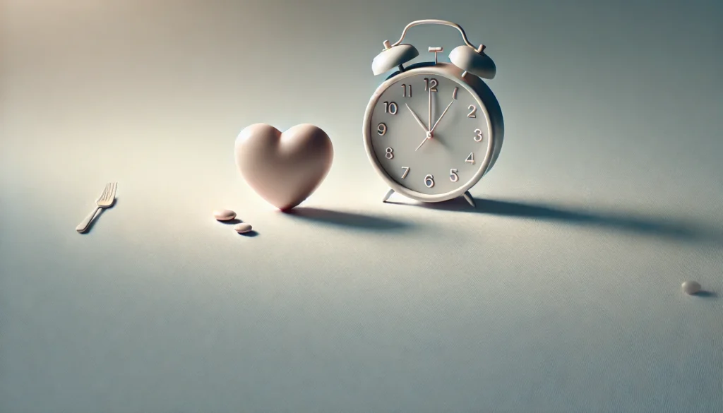 Minimalist heart-shaped object beside a small clock on a smooth, softly lit surface, symbolizing the heart health benefits of time-restricted eating.