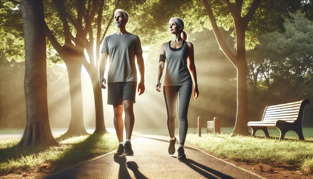 Middle-aged man and woman walking calmly through a sunlit park, wearing athletic wear, representing a relaxed, heart-healthy lifestyle supported by fasting.